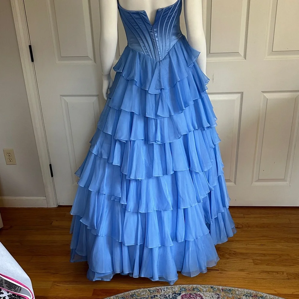 Sherri Hill Blue Ruffled Strapless Evening Gown Prom Dress worn once - Picture 8 of 10
